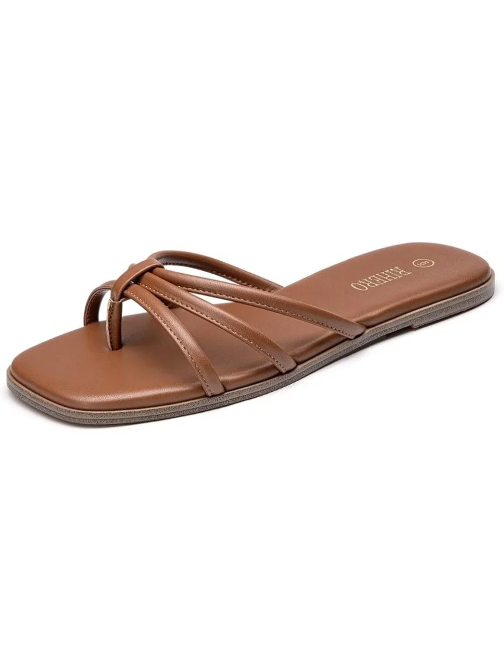 Women's Brown Summer Comfortable Slip On Square Toe Flat Sandals For Beach